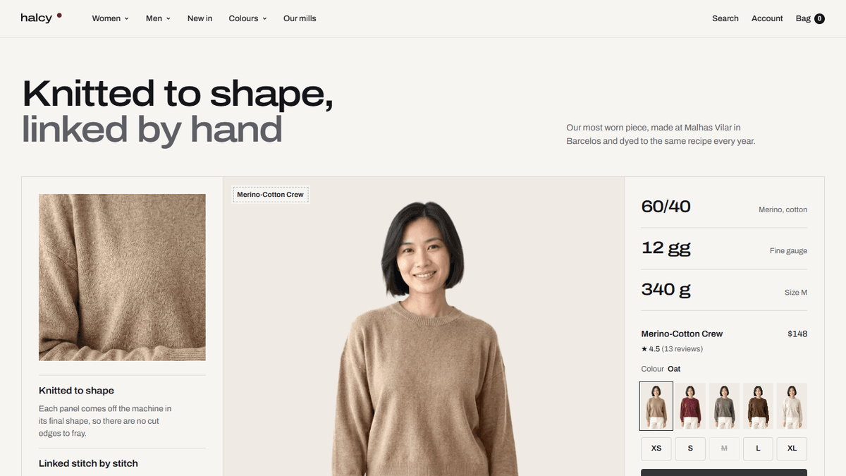 Knitted to shape, linked by hand