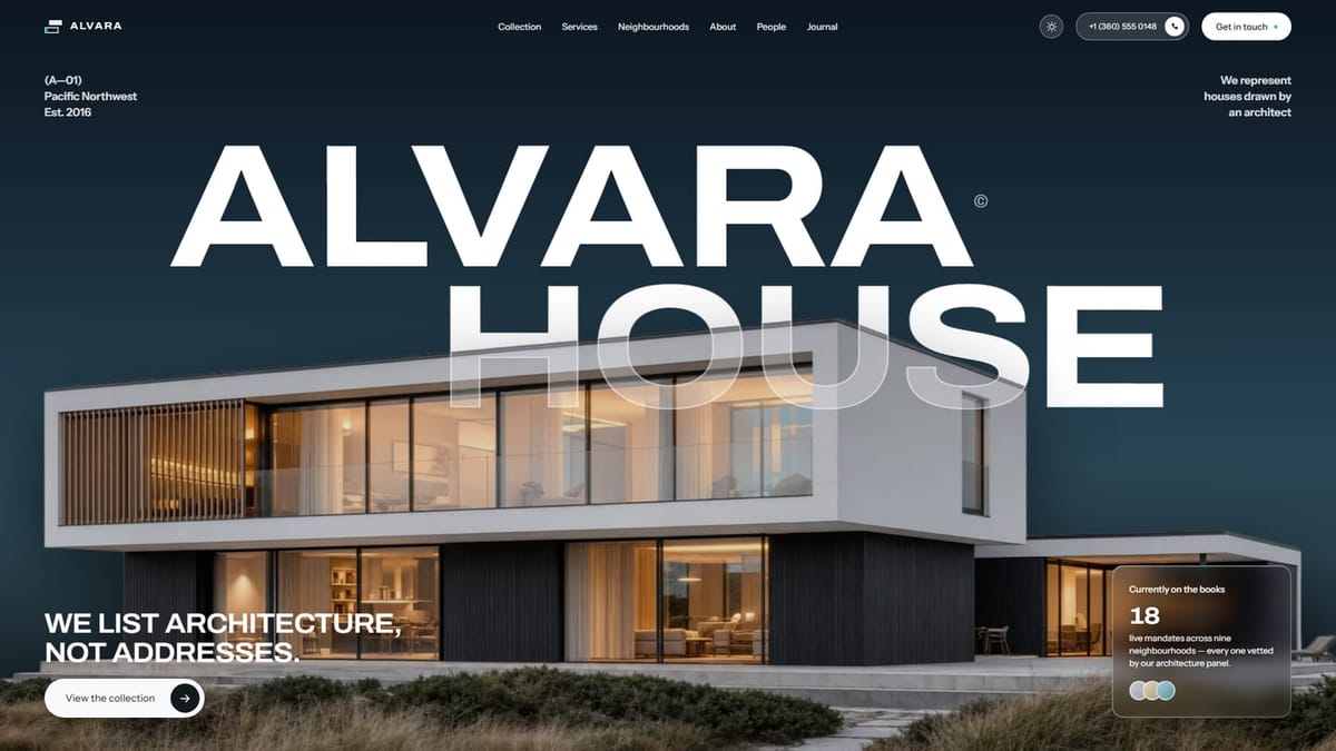 Alvara House homepage, the agency wordmark set over a coastal house at dusk