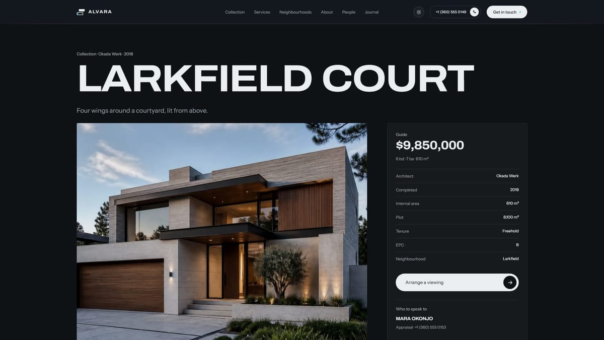 A single property page, leading with the architect and completion year