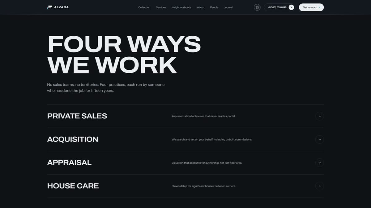 Services page setting out the four practices the agency runs