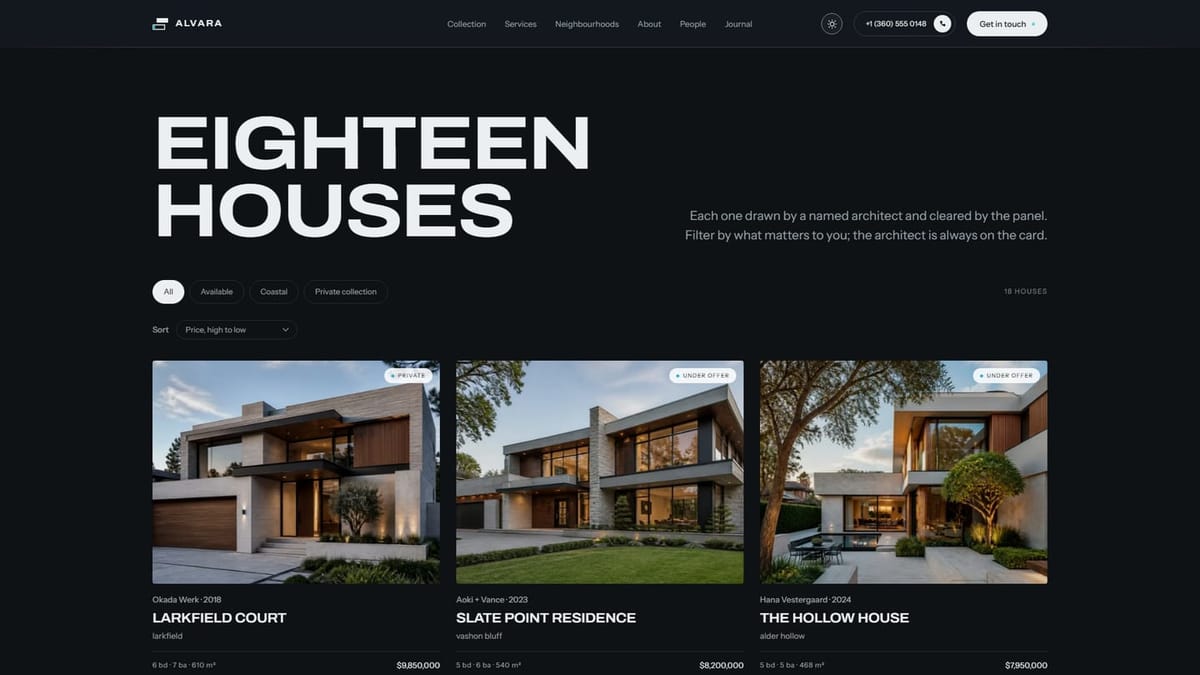 The property collection, each listing credited to its architect
