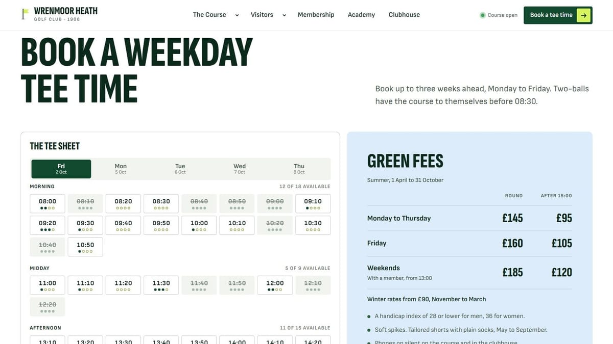 Tee sheet and green fees