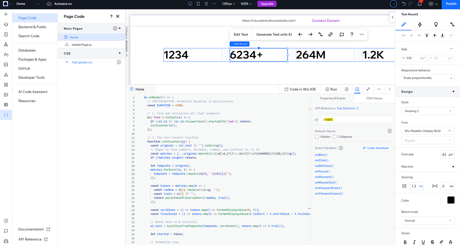 Wix IDE screenshot showing JavaScript code for counter animation, with numbers 1234, 6234+, 264M, and 1.2K. Sidebar displays settings.